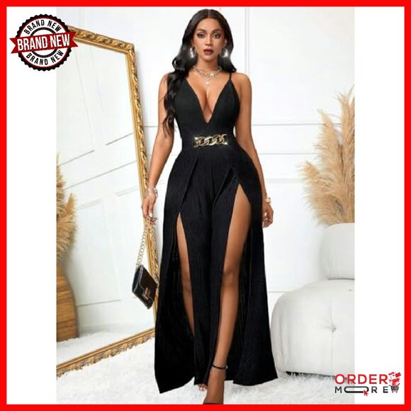 Sleeveless V-Neck Jumpsuit with Metal Belt High Waisted Slit - Picture 6 of 8